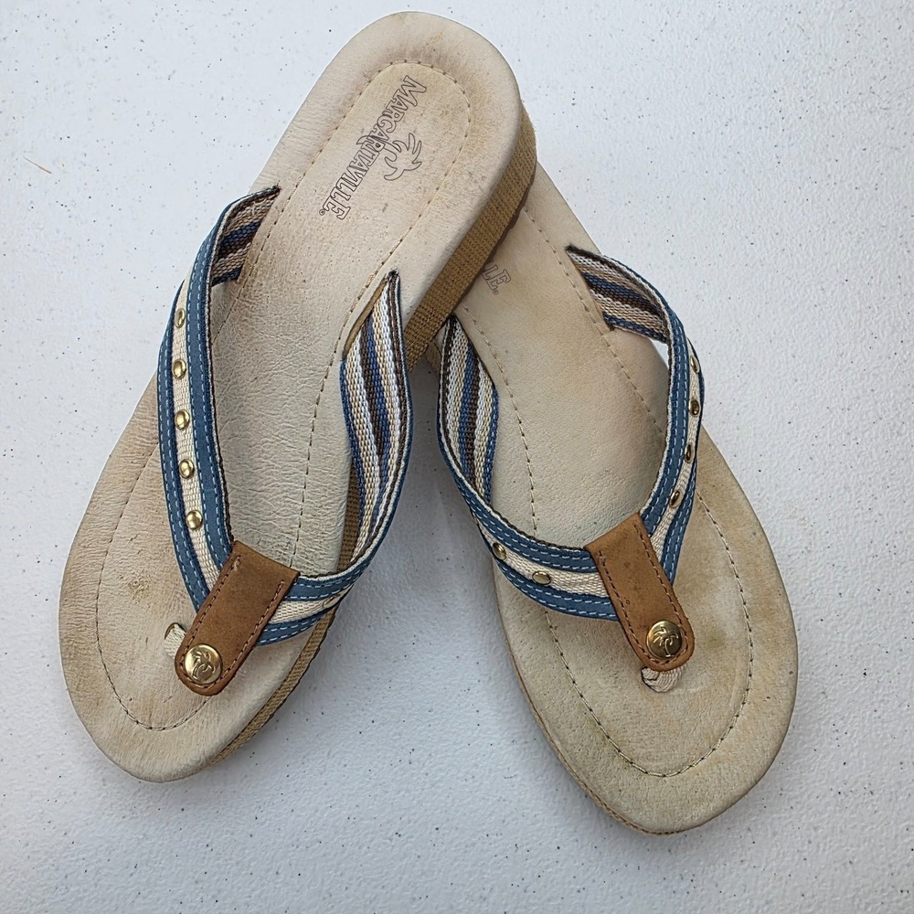 Margaritaville‎ Kaia Womens 8 Wedge Flip Flops Blue Tan Striped Sandals
